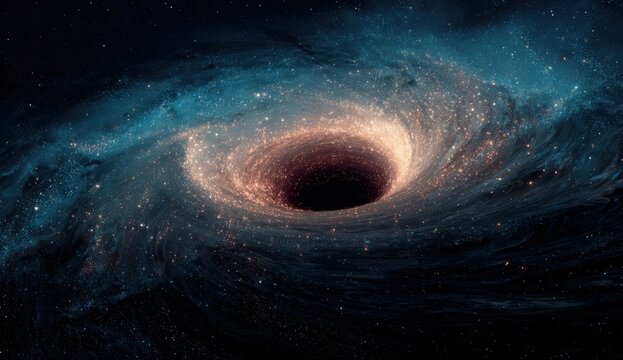 Cosmic vortex, a swirling black hole in a vast expanse of space.  Stars and nebulae swirl around a dark central void