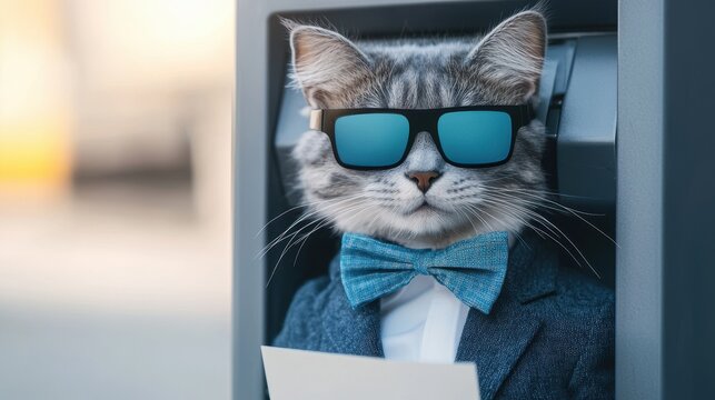 A stylish cat wearing sunglasses and a bow tie poses confidently in a mailbox, exuding a playful and fashionable vibe.