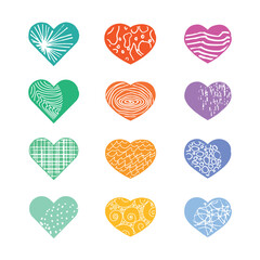 A set of hand-drawn red hearts with a soft, brush-stroke texture.