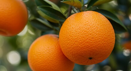 Vibrant organic oranges hanging from a lush green branch, capturing the essence of a sun-kissed harvest and natural citrus freshness