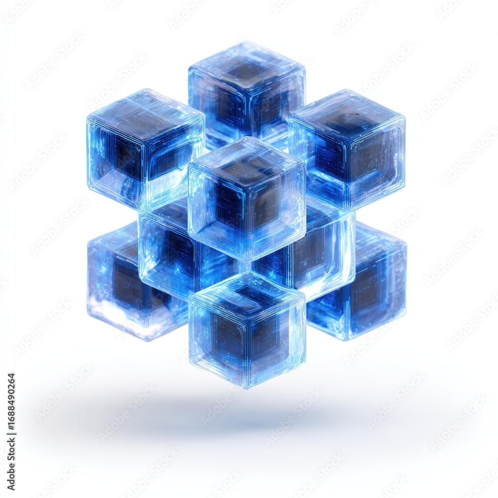 Poster abstract 3d rendering of interconnected blue glass cubes symbolizing network technology data and dig