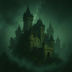 Obraz premium Dark medieval castle surrounded by mist in a fantasy setting 