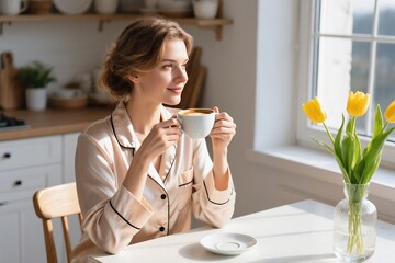 A woman in soft pajamas sits comfortably sipping hot coffee among colorful flowers in a bright kitchen