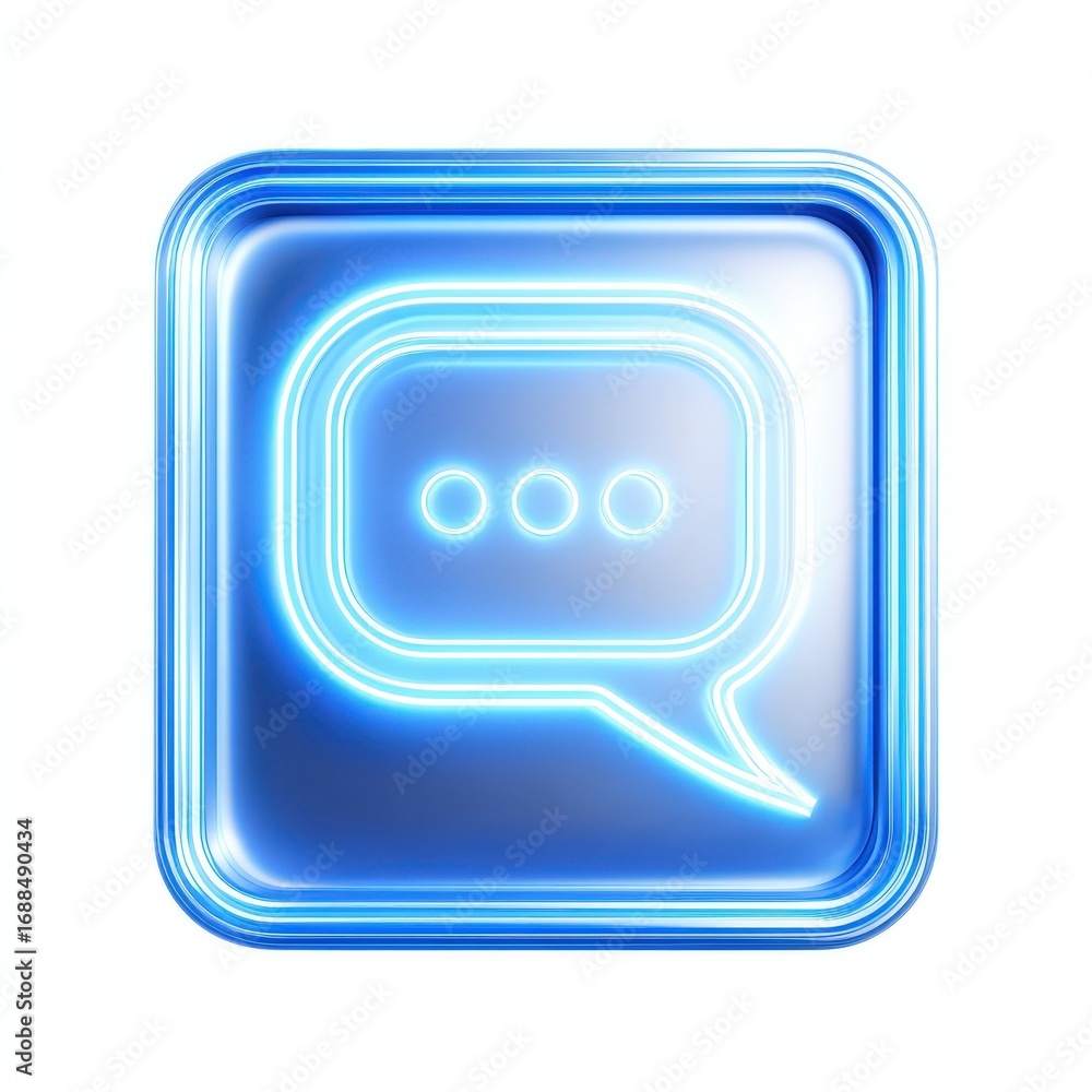 Poster glowing blue neon speech bubble icon in square frame digital communication chat message app interfac