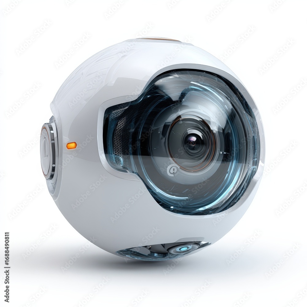 Poster futuristic spherical robot camera technology isolated on white background for sci fi projects
