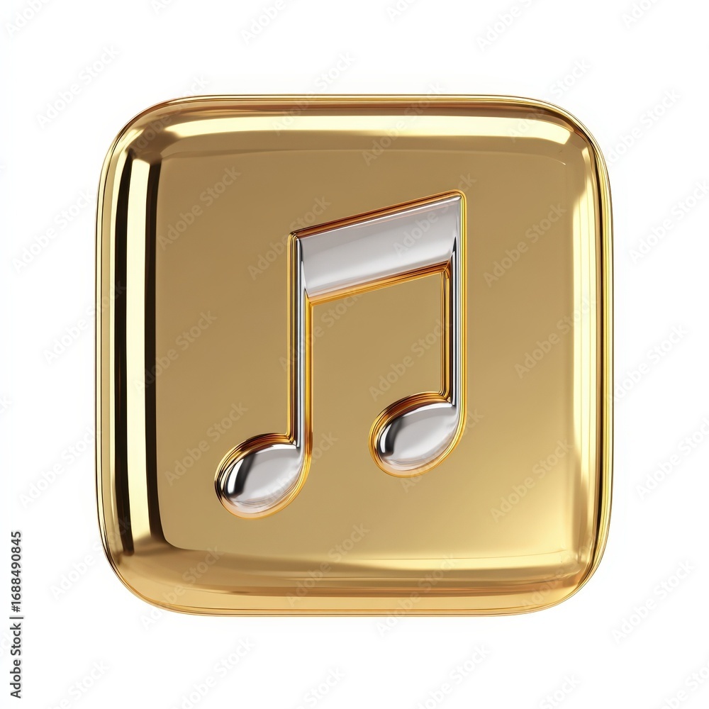 Poster golden music notes icon on a square button luxury 3d render for app design