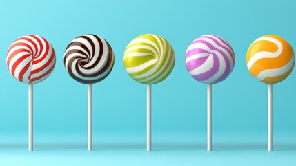 Colorful and Whimsical Lollipops Displayed in a Row on a Solid Background