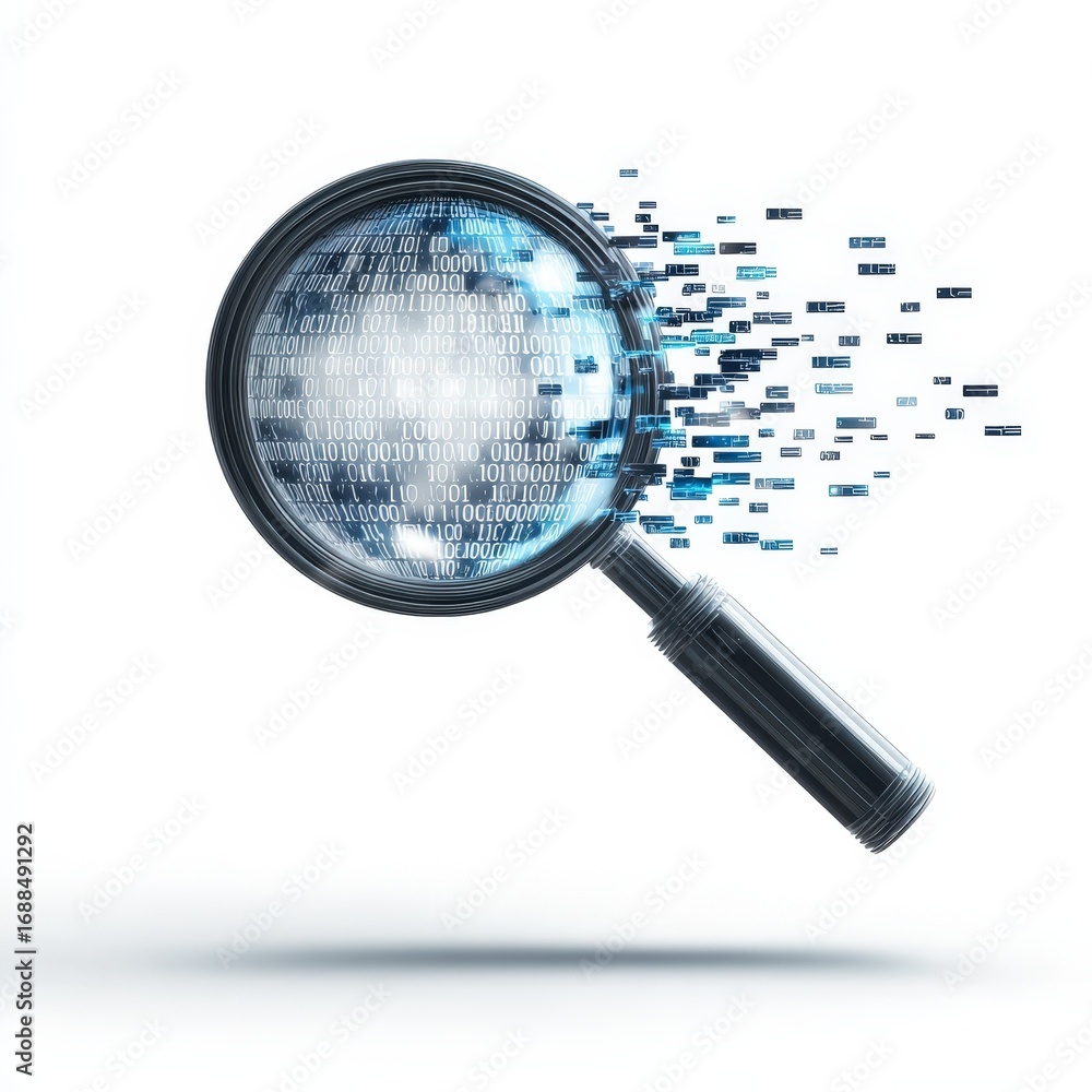 Poster digital data analysis magnifying glass with binary code exploring global information technology