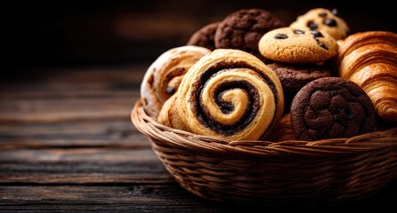 Assorted pastries and cookies in a wicker basket on a dark wooden table