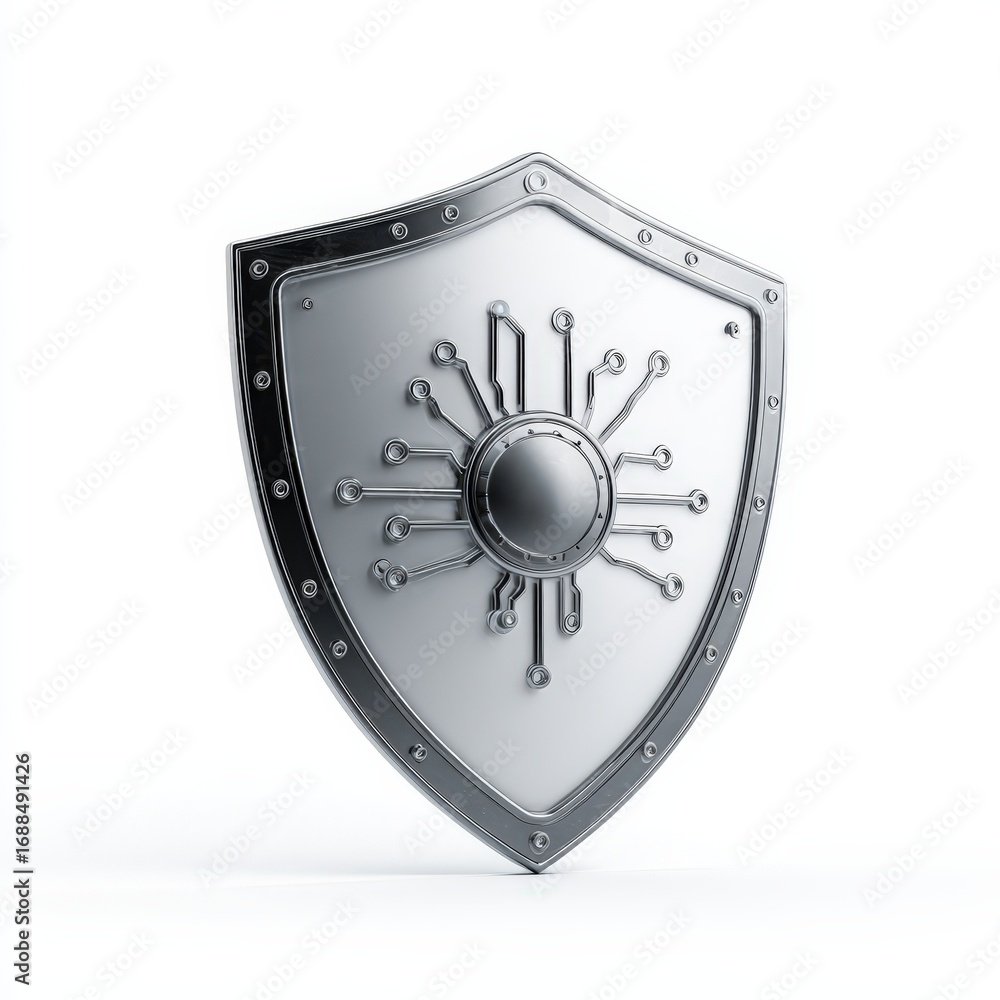 Poster cyber security shield digital protection concept 3d render of a metallic shield with circuit board d