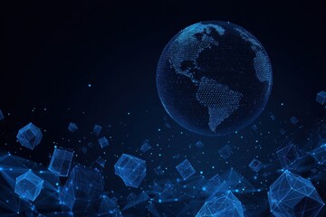 Digital globe surrounded by data cubes.  A futuristic, interconnected world