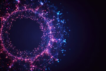 Abstract circular network of glowing points and lines.  A vibrant,  dynamic design,  with points and lines radiating from a central space.  Soft pink and purple hues against a deep indigo background