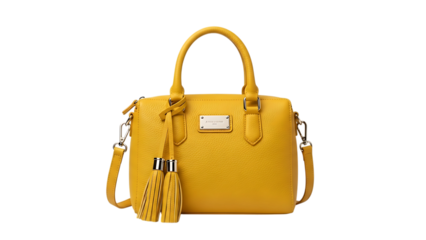 Yellow leather satchel handbag with tassels stylish fashion accessory for women trendy purse design 100 on transparent background