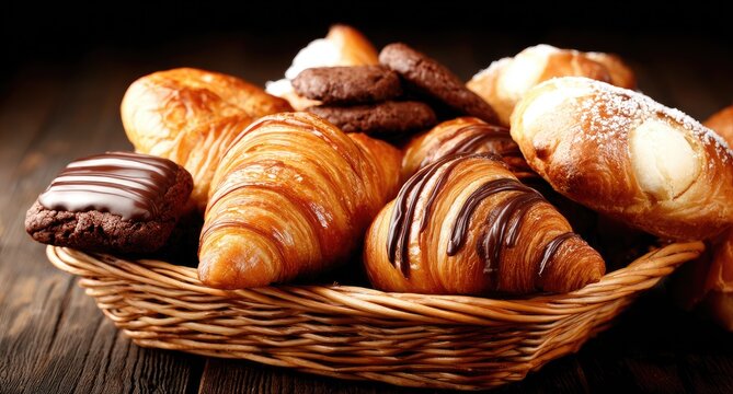 Fresh baked pastries in a wicker basket