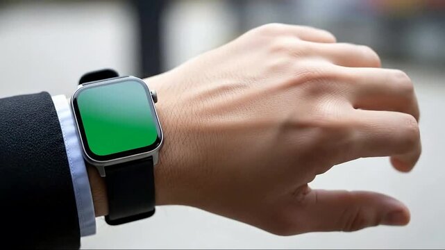 Man wearing smart watch with green screen technology modern lifestyle close up shot high quality professional