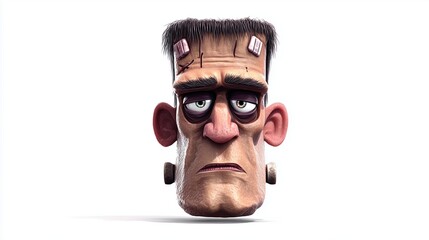 3D Frankenstein monster head, square shape cartoon style, clipart on white background