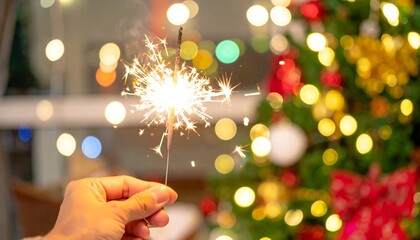 Hand holding a sparkler near a festive tree