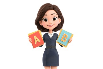 A smiling female teacher holding flashcards with alphabet letters, colorful and playful, 3d animation, isolated on a white background