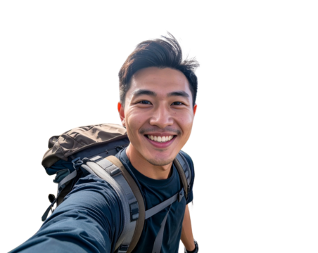 Happy Man Taking Selfie While Hiking in Mountains PNG