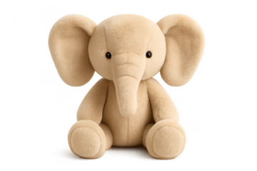 Adorable plush elephant toy sitting on transparent background