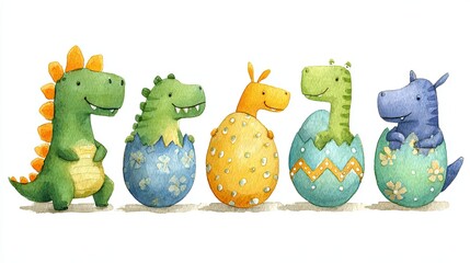 Fototapeta premium A colorful illustration of cartoon dinosaurs hatching from decorated eggs, showcasing whimsical and playful designs.