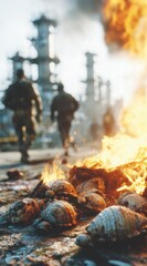 Soldiers rush past burning forms on the ground, with industrial towers blurred in the background, conveying a sense of urgency and destruction