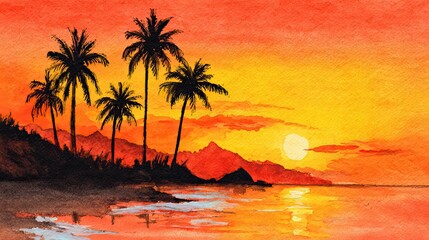 A vibrant watercolor sunset scene featuring silhouetted palm trees against a glowing orange sky and reflective water.