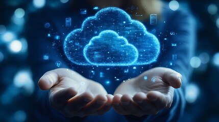 Hands presenting a glowing cloud computing concept with data icons in a digital environment