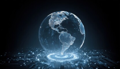 Holographic Earth hovering above a circuit board