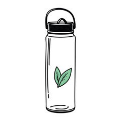 Hand-drawn illustration of a reusable water bottle with leaves.