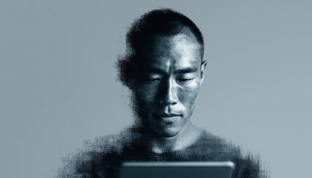 Glitched Focus: Asian Businessman with Tablet Amid Pixelated Noise and Digital Distortion in Contemporary Tech Aesthetic - Powered by Adobe