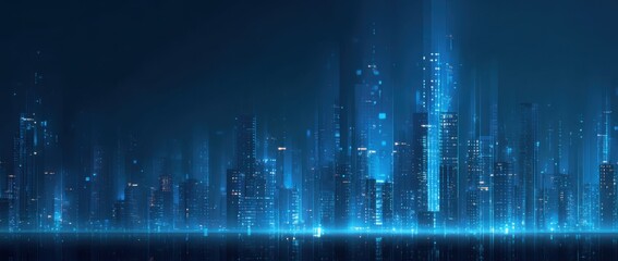 Fototapeta premium Futuristic city skyline at night, illuminated by vibrant blue light