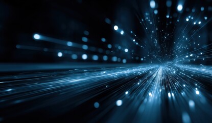 Dark, blue, abstract, speed, motion.  Blurred light streaks, and glowing points create a sense of rapid movement through a dark space