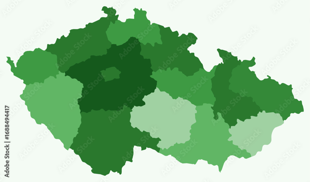 Poster map of czechia with regions. just a simple country border map with region division. green color pale