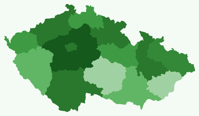 Map of Czechia with regions. Just a simple country border map with region division. Green color palette. Plain Czechia shape with administrative division. Vector illustration.