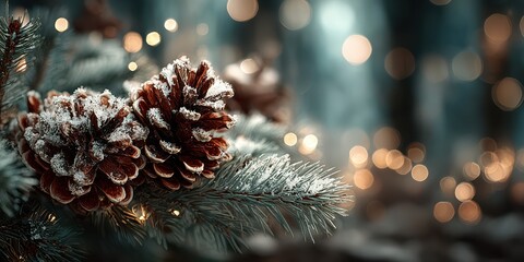 Winter pine cones covered in frost with glowing lights in a forest setting during the holiday season