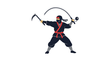 A Japanese ninja warrior in a black suit and red belt wielding a traditional kusarigama weapon.