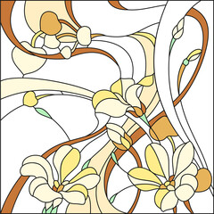 Colored stained glass window in a square frame, abstract floral arrangement of buds and leaves in the art Nouveau style. Illustration
