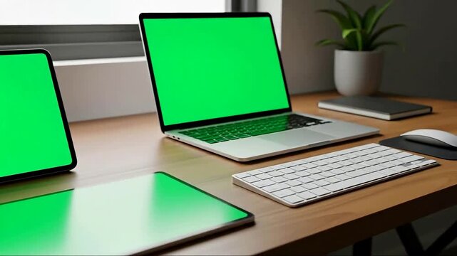 Laptop and tablet mockup with green screens on wooden desk modern workspace high quality professional