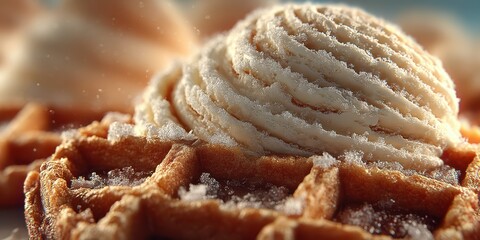 Deliciously crafted waffles topped with fluffy whipped cream and a sprinkle of sugar at a cozy dessert cafe