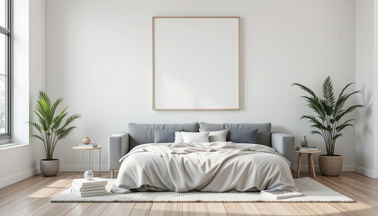 Bedroom interior with bed plants framed art and neutral color palette in natural light