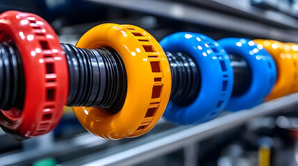 Obraz premium Colorful Industrial Rollers: Red, Yellow, and Blue with Black Co