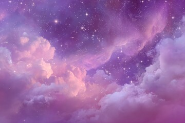 A dreamy, ethereal view of clouds and stars, soft violet and pink hues