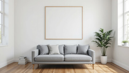 Fototapeta premium Living room interior with gray sofa blank picture frame and potted plant on wooden floor