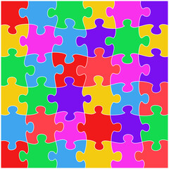 Colorful jigsaw puzzle vector with seamless interlocking pieces in a vibrant grid. Bright red, blue, green, yellow, pink, and purple tones. Great for kids, games, learning, autism, and abstract use