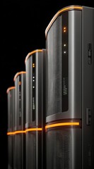 Obraz premium Row of sleek, modern servers, gray with orange accents, fades into dark background. Focus on details and glowing lights creates a tech ambiance