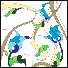 Colored stained-glass window in a square frame, abstract floral arrangement of buds and leaves in the art Nouveau style. Illustration