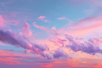 Obraz premium Pastel sunset cloudscape. A vibrant mix of soft pinks, purples, and blues in a hazy sky filled with fluffy clouds. A serene and dreamy scene