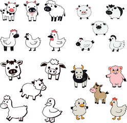 Whimsical farm animal illustration collection cows, sheep, chickens, ducks, horses, and pigs