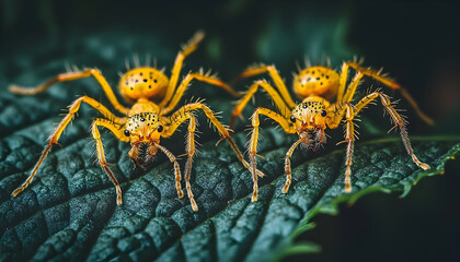 Fototapeta premium Twin Yellow Spiders with Black Spots on Textured Leaf, Macro Clo